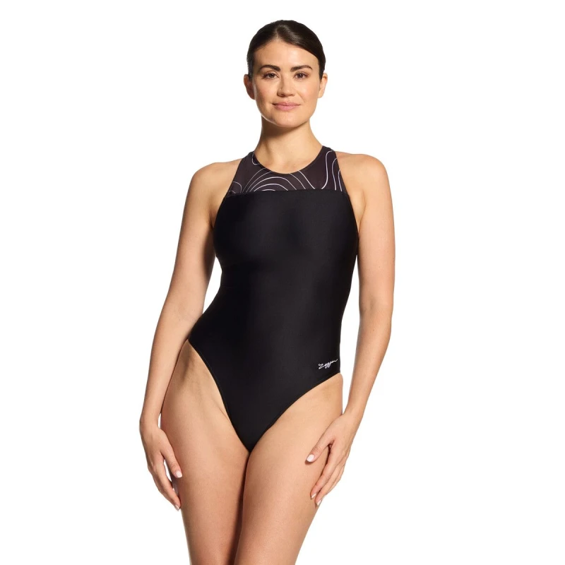 Image of Zoggs Womens Terrain Zip Back Swimsuit in Black Size: 10 Black Female 10
