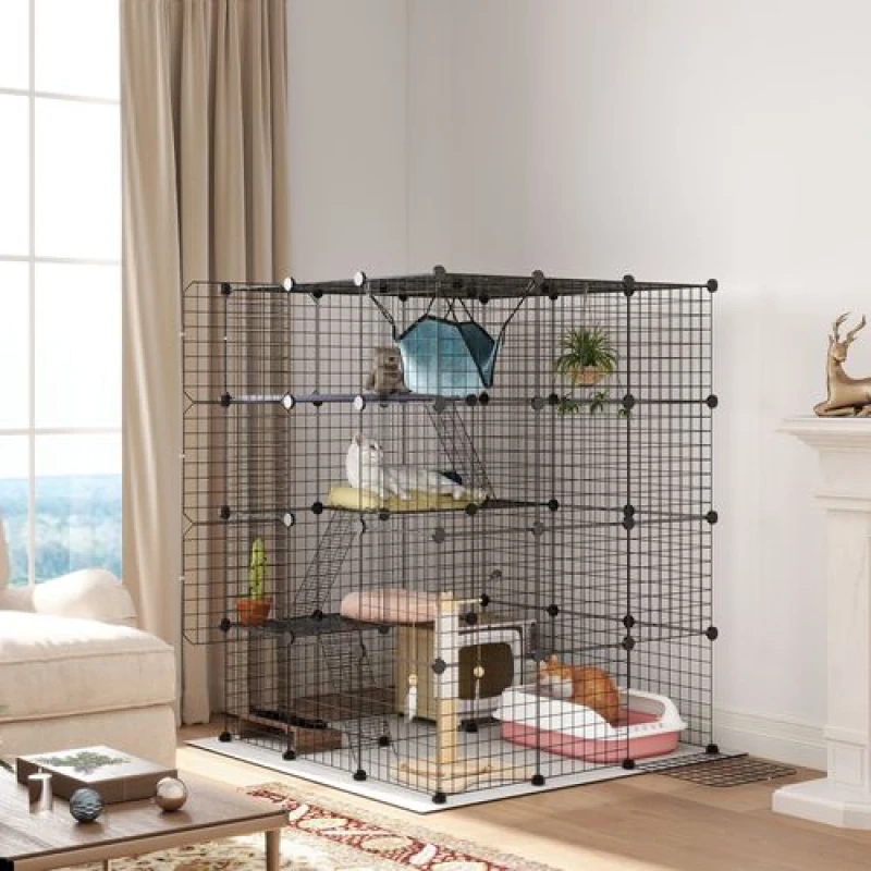 Image of PawHut DIY 4 Tier Cat Cage Indoor with Hammock - Ramps - Doors - for 1-3 Cats TJ Hughes 5063603868465