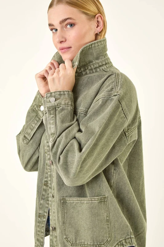 Image of Roman Womens Denim Button Front Pocket Jacket in Khaki Size: 10 Khaki Female 10
