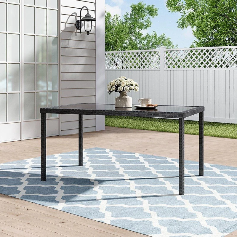 Image of Breeins Black Rustic Outdoor Wicker Table with Glass Black unisex One size