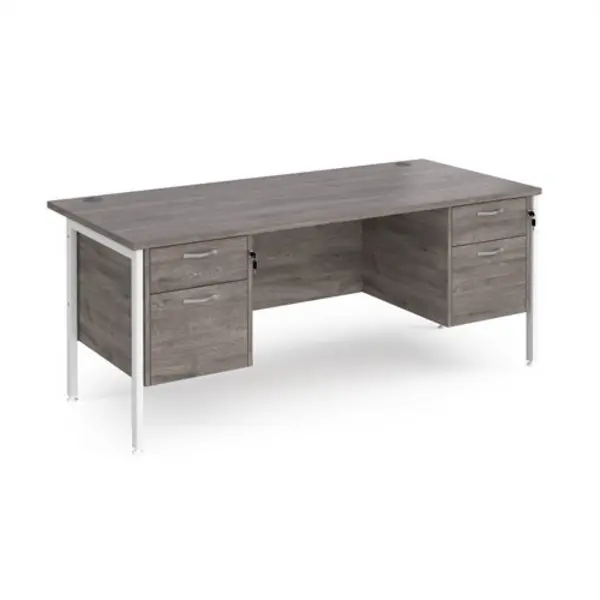 image of Maestro 25 straight desk 1800mm x 800mm with two x 2 drawer pedestals - white H-frame leg, grey oak top