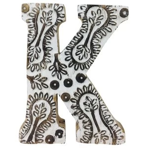 Letter K Hand Carved Wooden White Flower