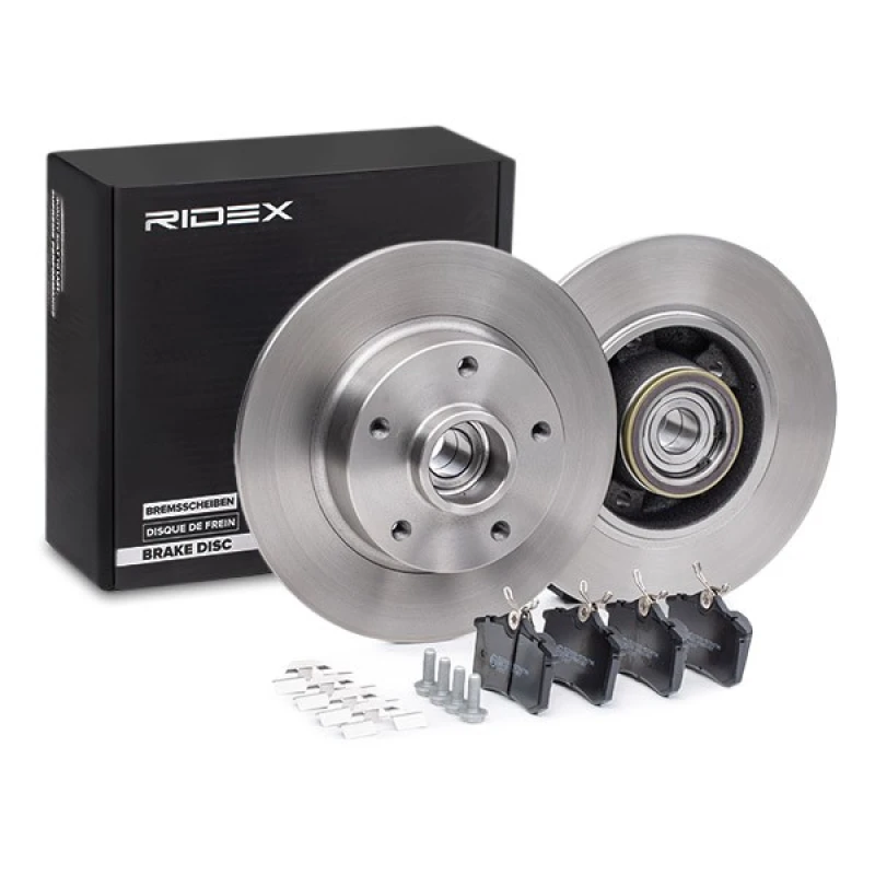 Image of RIDEX 3405B0404 Brake disc and pads set Rear Axle, Brake Disc Type: Solid Brake Set,disc brakes (3405)