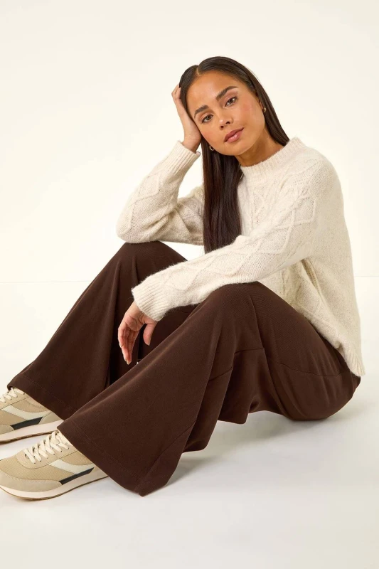 Image of Roman Womens Petite Brushed Ribbed Trouser in Chocolate Size: 14 Chocolate Female 14