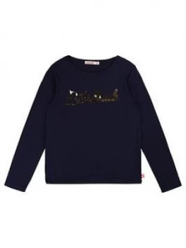 Image of Billieblush Girls Long Sleeve Metallic Logo T-Shirt - Blue, Size Age: 5 Years, Women