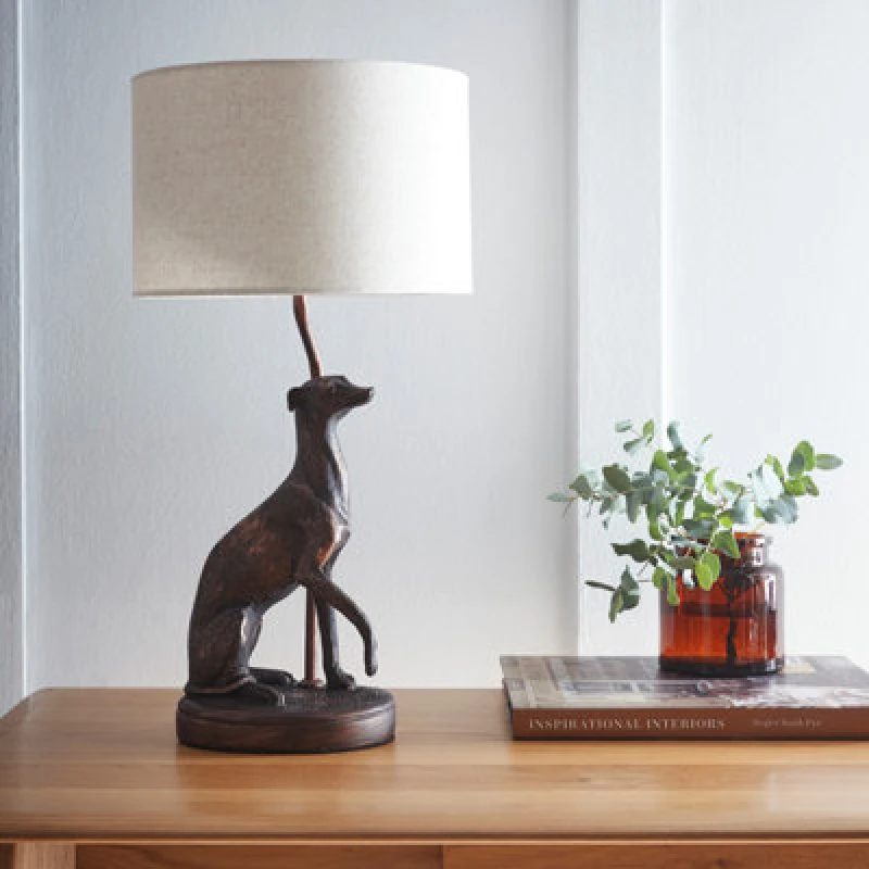 Image of K Living Greyhound Animal Table Lamp In An Antique Copper Resin Table Lamp With A Natural Linen Lampshadehade