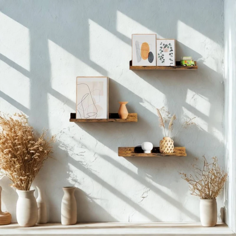 Image of Pirlo Plush Set of 3 Wall Mounted Shelves Industrial Rustic Brown Brown Unisex