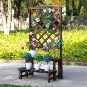 image of Outsunny 2 Tier Wooden Plant Stand with Trellis, Flowerpots and Vine Plants Indoor & Outdoor Display Rack Great Decoration Garden Patio Balcony