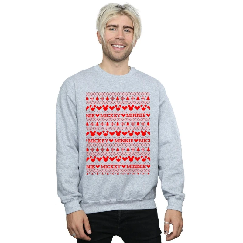 Image of Disney Men Mickey And Minnie Christmas Fair Isle Sweatshirt in Grey Size: Small Grey S Male 5057736013649