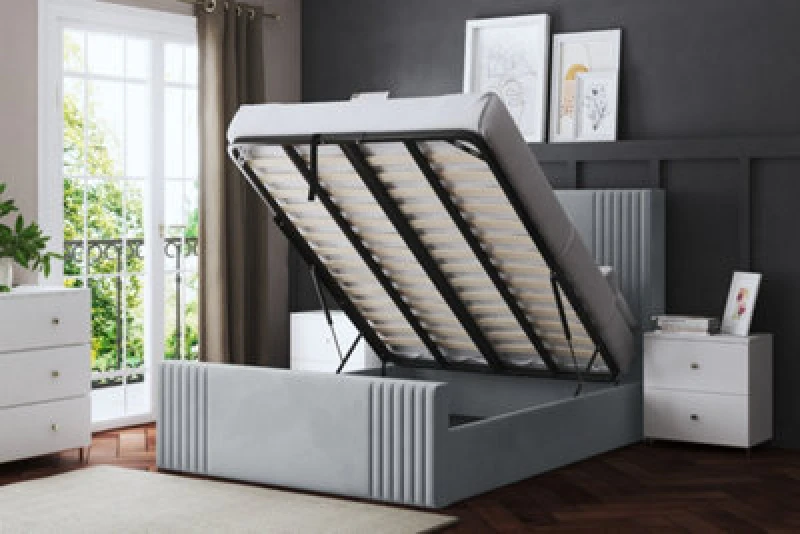 Image of DS LIVING Elara Winged Silver Upholstered Bed With Ottoman Metal Gas Lift Single AM_DVNSHROB_SIN_SIL