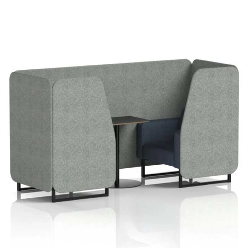 Image of Brixworth 2 Seater Office Booth with Front Panel - Black Legs and Black Table with Black Leg in Rivet Fabric - Prime Panels and Crucible Sofa