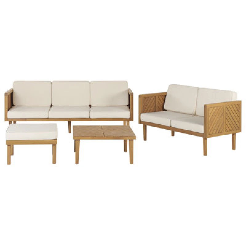 Image of BELIANI 5 Piece Modern Garden Conversation Set Acacia Wood Coffee Table Ottoman Light Beige Cushions Baratti 330876