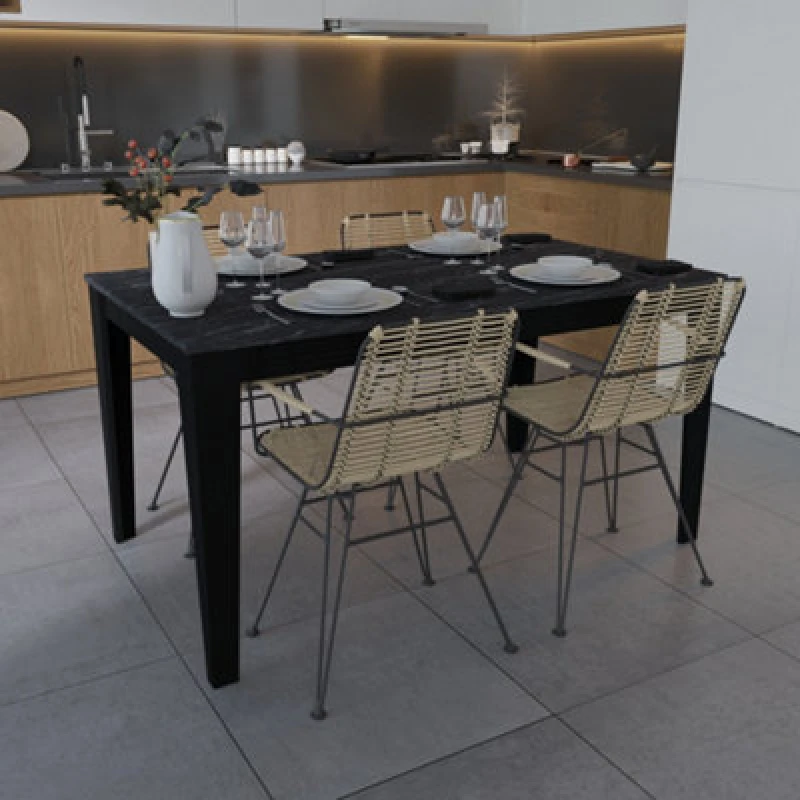 Image of Decorotika Bud 145cm Marble Effect Dining Table For 4 People - Black Marble Effect And Black