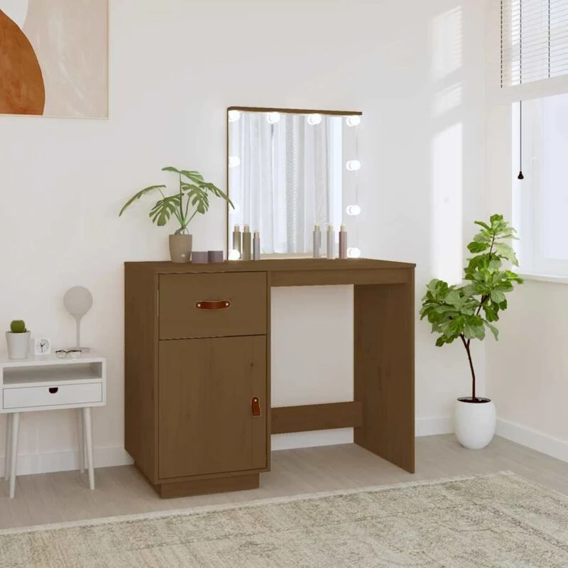 Image of vidaXL Dressing Table with LED Honey Brown 95x50x133.5cm Solid Wood Pine, Brown 820095