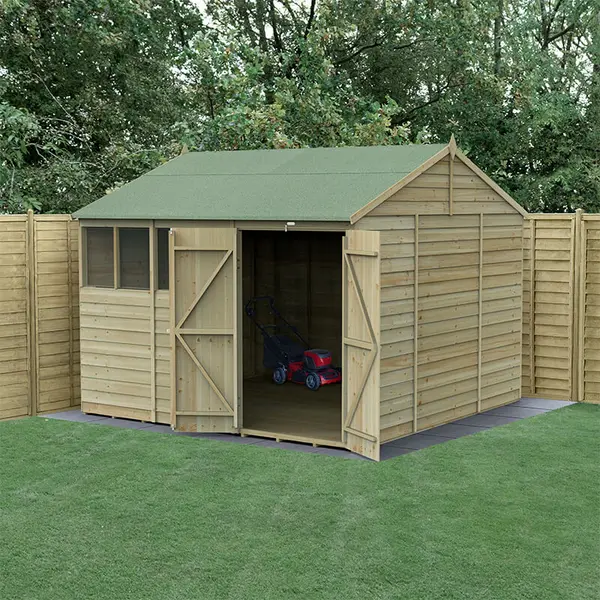 image of 10' x 10' Forest 4Life 25yr Guarantee Overlap Pressure Treated Double Door Reverse Apex Wooden Shed - 4 Windows (3.21m x 3.01m)