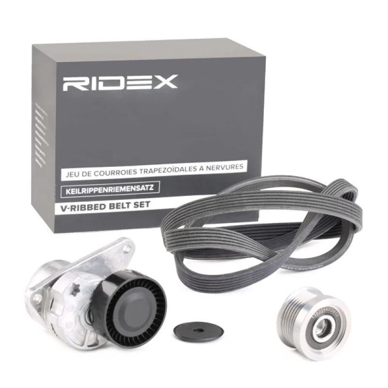 Image of RIDEX 542R0096 V-ribbed belt set Check alternator freewheel clutch & replace if necessary V-Ribbed Belt Set (542)
