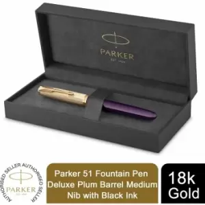 image of Parker - 51 Fountain Pen Delux Plum Medium 18k Gold Nib Black Ink Gift Box