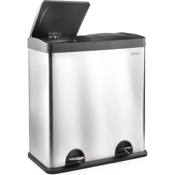 Image of VonHaus VonHaus 60L Large 2 Compartment Recycling Bin - Silver One Size