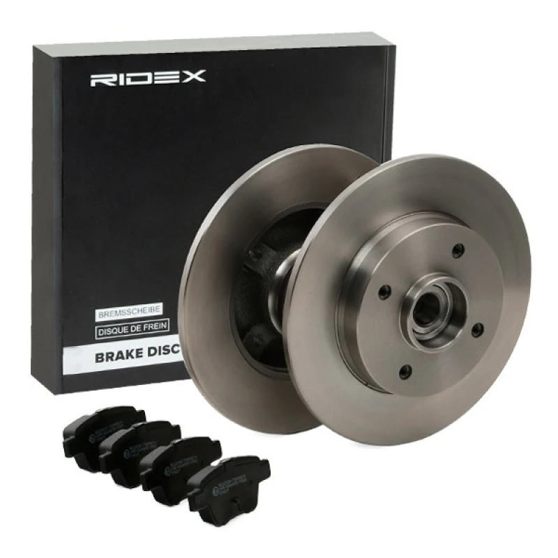Image of RIDEX 3405B0471 Brake disc and pads set Rear Axle, Brake Disc Type: Solid, not prepared for wear warning indicator Brake Set,disc brakes (3405)
