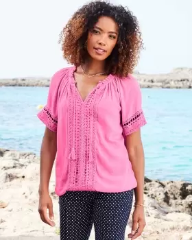 Cotton Traders Womens Boho Short Sleeve Crochet Trim Top in Pink