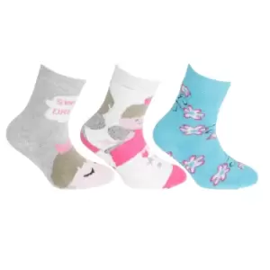 image of FLOSO Childrens Girls Cotton Rich Gripper Socks (3 Pairs) (9-12 Child UK) (Cream/Blue/Pink)