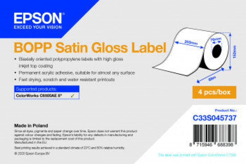 Image of Epson C33S045737 Satin Gloss White Continuous Label Roll 203mm x 68m (Original)