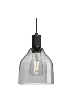 image of Knurled Tinted Glass Cone Pendant Light, 6 Inch, Smoke Grey, Black Holder