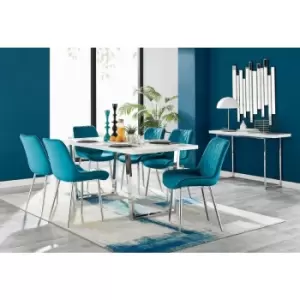 Image of Kylo White High Gloss Dining Table & 6 Blue Pesaro Silver Chairs - Blue