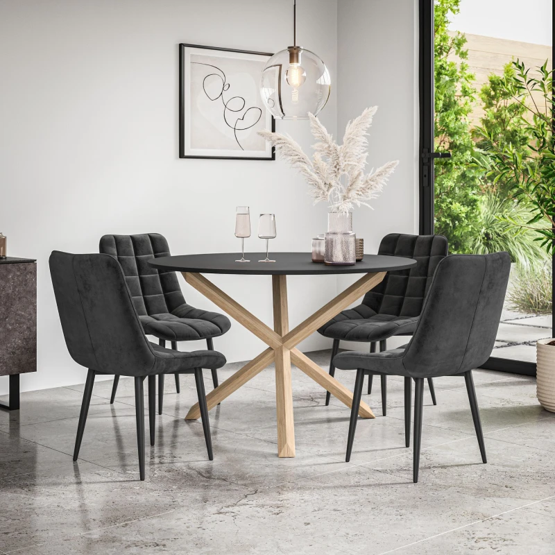 Image of More4Homes Malvern Round Dining Table And Chairs - Black Table Top W Solid Oak Legs + Nova Velvet Dining Chair Set Of 4 (Black)