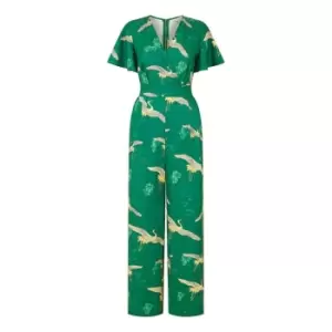 image of Yumi Green Crane Print Angel Sleeve Jumpsuit - Green