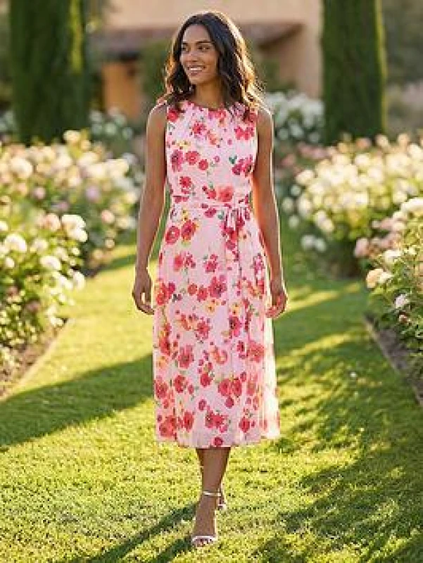 Image of Roman Womens Floral Pleated Chiffon Midi Dress in Pink Size: 16 Pink Female 16
