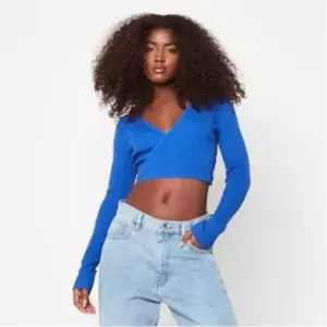 Image of Missguided Rib Wrap Front Knit Crop Top - Blue
