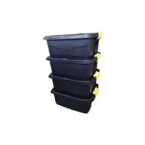Image of 4 x 24L Heavy Duty Storage Boxes, Sturdy, Lockable, Stackable and Nestable Design Storage Chests with Clips in Black