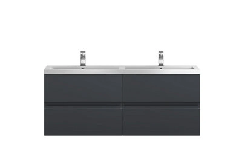 Image of Nuie Hudson Reed Urban Wall Hung 4 Drawer Vanity Unit With Double Polymarble Basin, Modern Bathroom Furniture In Soft Black, 1200mm