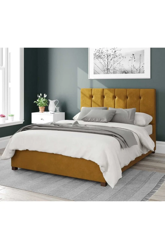 Image of Aspire Aspire Hepburn Upholstered Ottoman Storage Bed, Plush Velvet Fabric in Mustard Size: Small Double Mustard Small Double Unisex 5057632165954