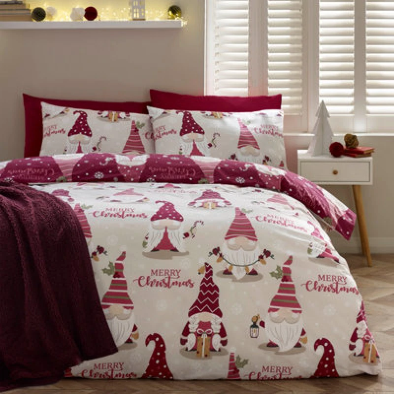 Image of Catherine Lansfield Christmas Gonks Reversible Double Duvet Cover Set With Pillowcases Plum