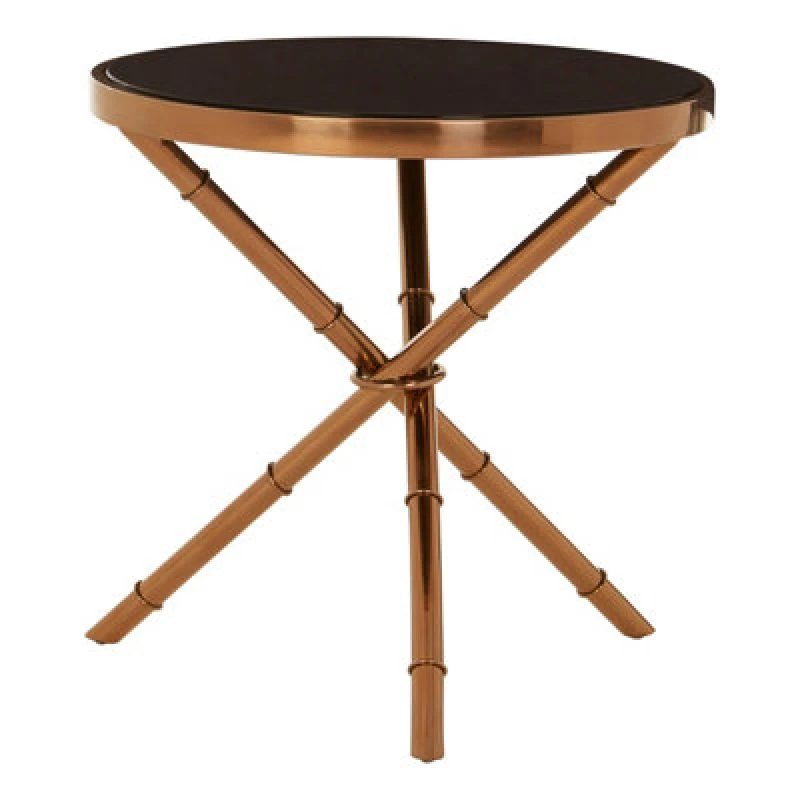 Image of Premier Housewares Elegant Bamboo Inspired Base Side Table, Rose Gold Small Lounge Table, Tempered Glass Top Bedside Table Black
