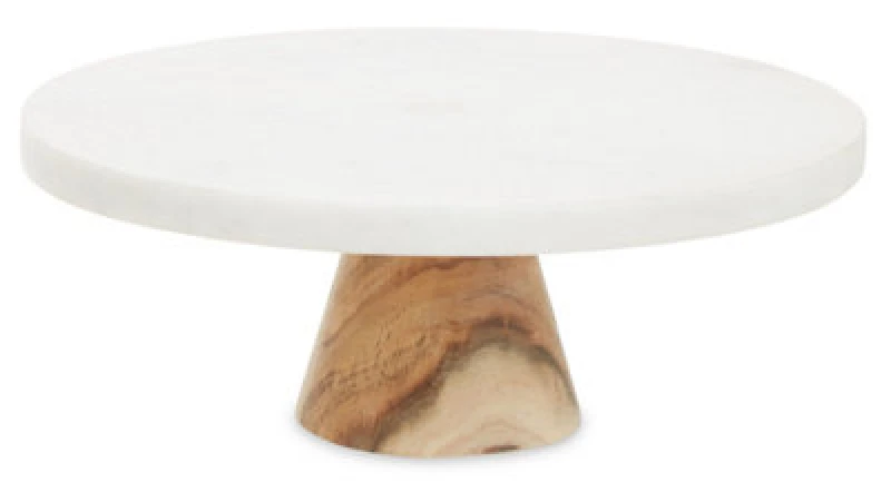 Image of Orsina Round White Marble And Acacia Wood Cake Stand