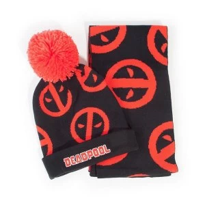 Image of Marvel Comics - Deadpool Symbol Unisex Bobble Beanie & Scarf Gift Set - Black/Red