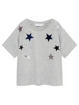 Image of Mango Girls Velvet Embroidered Stars Short Sleeve Tshirt - Grey, Size Age: 9 Years