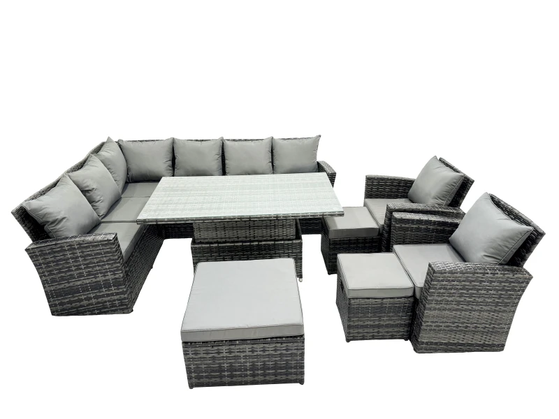 Image of Fimous Poly Rattan Outdoor Patio Corner Sofa Set with 3 Stool, 2 Chairs in Dark Grey Dark Grey Unisex