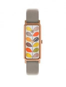 image of Orla Kiely Colourful Stem Print Rectangular Dial Grey Leather Strap Ladies Watch, One Colour, Women