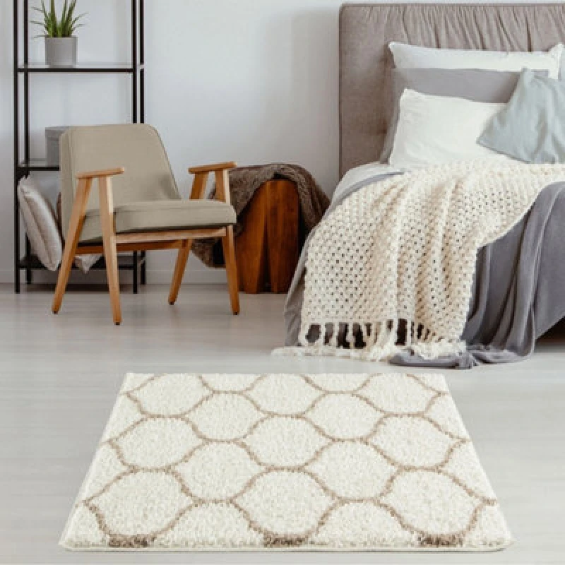 Image of THE RUGS Soft Trellis Shaggy Rugs & Runners Ivory & Beige Living Room Size: 120cm x 120cm Beige Unisex 120cm x 120 cm