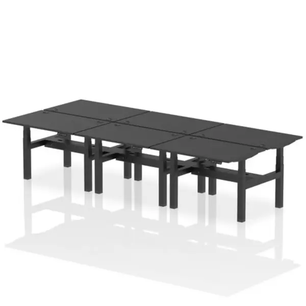 Image of Air Air Back-to-Back 1200 x 800mm Height Adjustable 6 Person Bench Desk Black Top with Cable Ports Black Frame HASCP6P12800BLKB