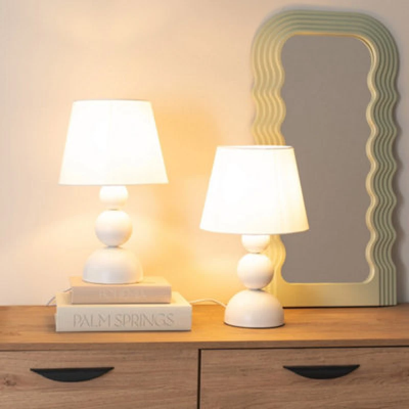 Image of ValueLights Winnie Pair of Cream Fabric Shade Stacked Touch Table Lamps with LED Bulbs Cream