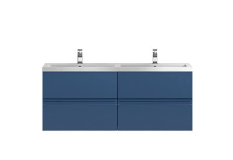 Image of Nuie Hudson Reed Urban Wall Hung 4 Drawer Vanity Unit With Double Polymarble Basin, Modern Bathroom Furniture In Satin Blue, 1200mm