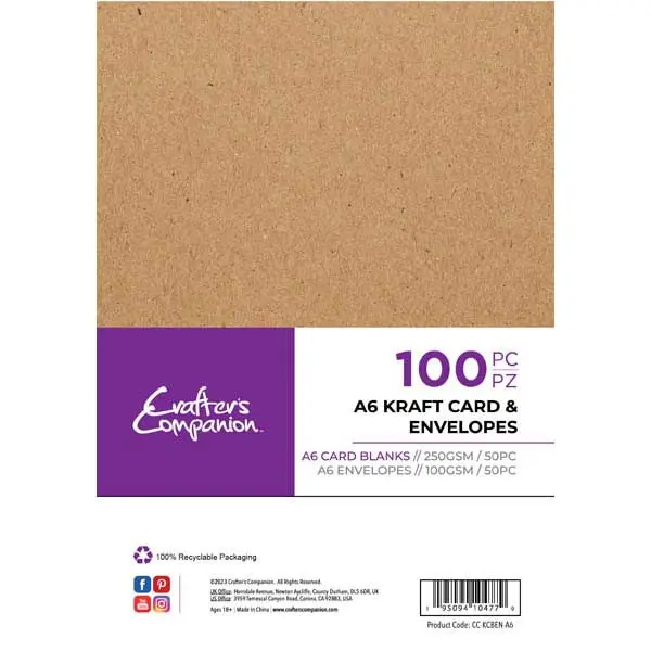 image of Crafter's Companion A6 Card Blanks & Envelopes Kraft 250 GSM Pack of 50