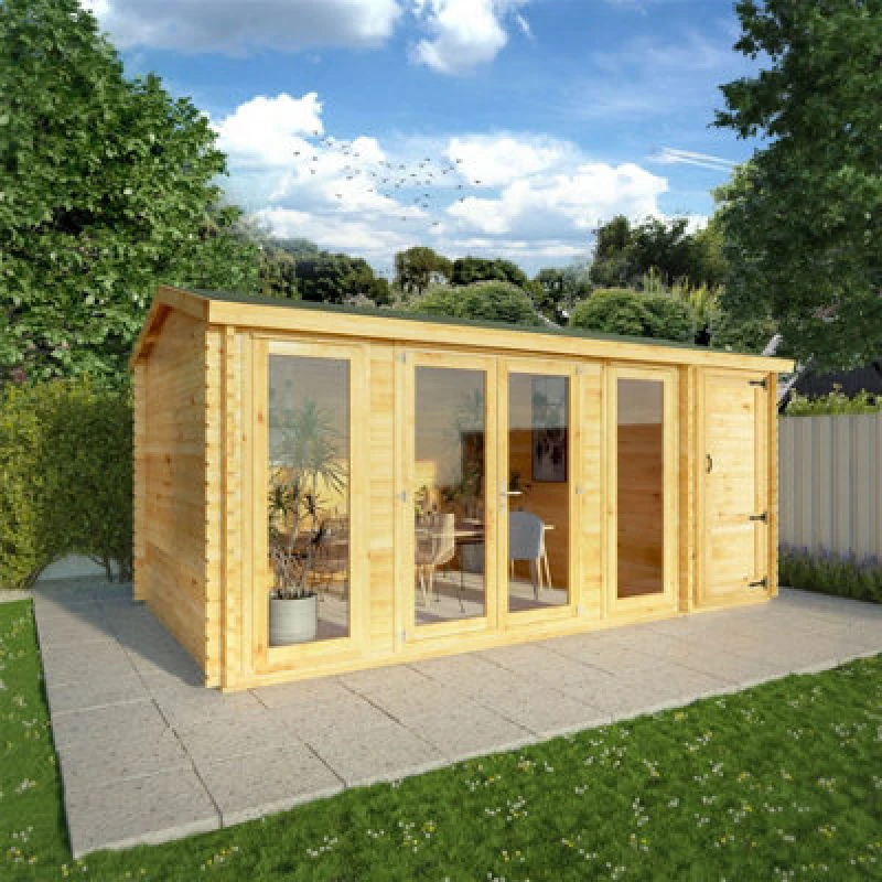 Image of Waltons 5.1M X 3M 28mm Wooden Log Cabin With Side Shed Outdoor Garden Room