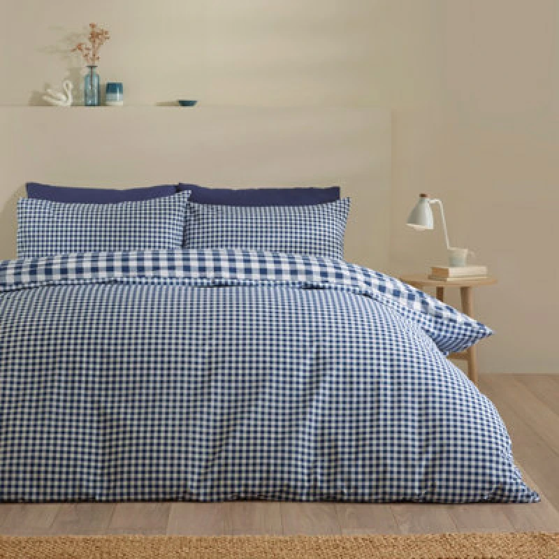Image of Catherine Lansfield Bamford Gingham Check Reversible King Duvet Cover Set With Pillowcases Navy Blue