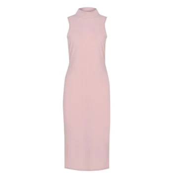 image of Fabric Brushed Soft Rib Slit Detail Midi Dress - Nude